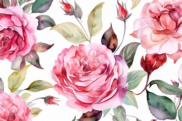 watercolor pink roses on a white backgroun. Generative AI