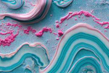 Pink and teal acrylic color liquid ink swirl abstract background with ravishing turbulence wavy pattern and detailed texture. Colorful and realistic dynamic texture by Generative AI. - obrazy, fototapety, plakaty