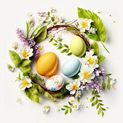 Composition of colorful easter eggs and spring flowers over white background within wreath. Springtime holidays concept with copy space