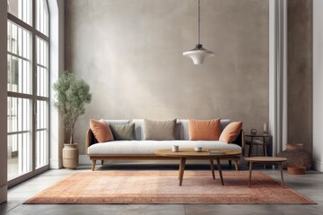 Nice contemporary room interior. Vibrant, clean design. A wall backed sofa near a wide window. Generative AI