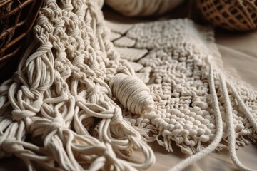 Handmade macrame texture close up. Eco friendly contemporary knitting DIY natural home decorating. Flatlay. Cotton macrame. Feminine hobby. Generative AI