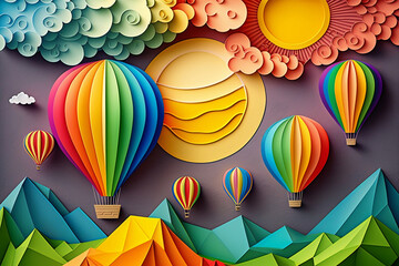 Creative Paper Art Of Sun, Spring Scenery, Clouds And Rainbow Colored Hot Air Balloons, Summer Nature Poster, Spring Season, Generative Ai