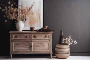 The stylish composition of minimalistic interior with copy space. Black commode, vase with dried flowers, sculpture and personal accessories. Beige wall. Home decor. Template. Generative AI