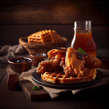 Fried chicken and waffles with maple syrup, Generative AI