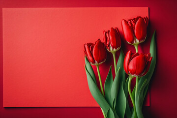 Empty Clean Solid Bright Carmine Background With Fresh Red Tulip Flowers And Blank Copy Space, Image, Springtime Holidays Horizontal Greeting Card Template, Spring Season, Generative Ai