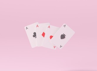 Casino playing cards, poker cards, baccarat, white 3d on pink background, rendering 3d illustration.