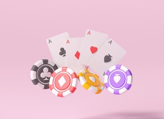 Casino chips and playing cards isolated on pink background. 3D illustration.