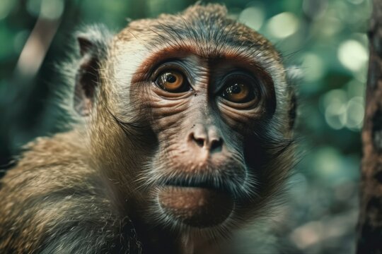 Close up photo of an animal wild life in nature The monkey is looking at something in a public park in Udonthani, Thailand, in a vintage cinema manner. Focused attention. Generative AI