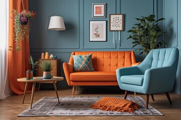 Orange sofa with light blue armchair. 1950s style living room furniture. Ergonomic plaid couch in bright apartment. Generative AI