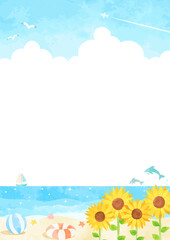 可愛いヒマワリとビーチの背景イラスト