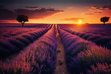Field With Rows Of Lavender Flowers At Sunset, Spring Season, Generative Ai