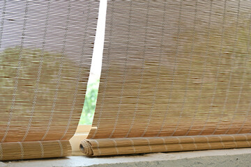 close up texture of bamboo curtain, a interior decoration detail from natural material, japanese's style
