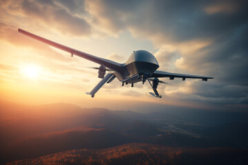 Military reconnaissance drone flying in sky. Autonomous modern aircraft for surveillance. Generative AI - obrazy, fototapety, plakaty