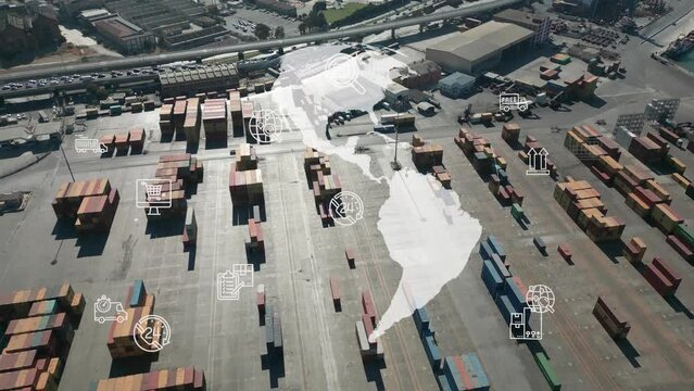 Logistic business or transport concept Aerial view over import export port with many stacks of cargo container rows . High quality 4k footage