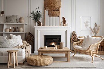 modern farmhouse living room fireplace white furnishings cozy family home interior. Generative AI