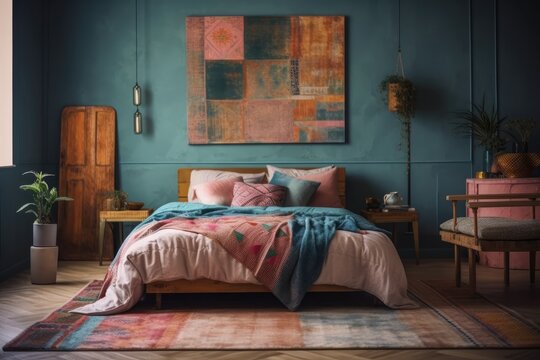 Retro Bedroom With Abstract Artwork. Pillows And Boho Style Cushions On Side Table. 80s Design Concept. Generative AI