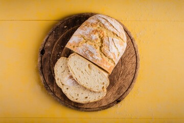 freshly baked bread sliced into slices, freshly baked bread on top of circular wooden board on a black stone wooden table