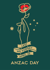 VECTORS. Editable poster for Anzac Day in Australia. April 25, "Lest we forget" phrase on ribbon