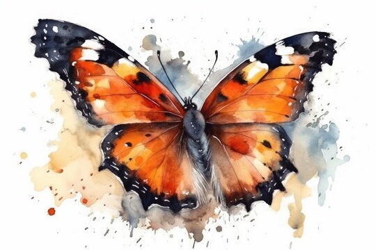colorful butterfly painted in watercolor on a plain white background. Generative AI