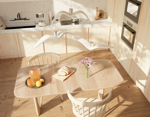 interior decoration of the modern kitchen includes wood as a component, giving a warm feeling.