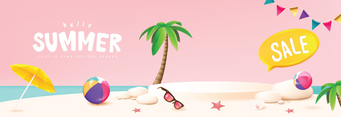Summer travel banner display podium with sand and summer beach scene design background