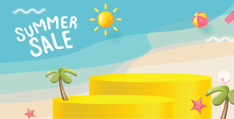 Summer sale banner with product display cylindrical shape
