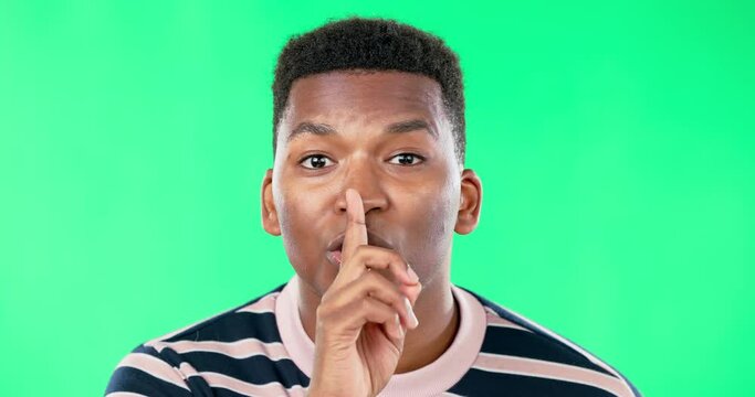 Black man, finger and lips by green screen, silent and face to stop noise, talking or gossip by studio background. Male, model and gen z student with hand gesture for portrait, secret or information