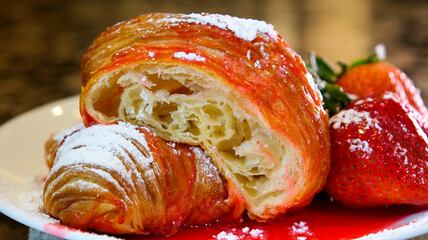 Breakfast with fresh croissants, cup of coffee and strawberry jam on a white wooden background, selective focus. High quality photo