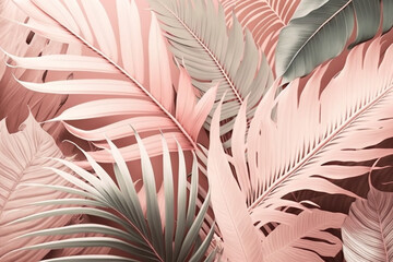 Tropical pink palm leaves, floral pattern background illustration