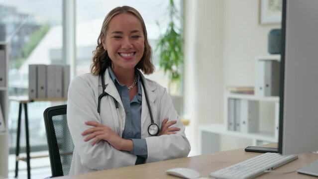 Medical, office and portrait of woman doctor typing on a computer and working on a project or medicine report. Healthcare, research and female professional writing an email online or using internet