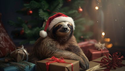 Sloth near the Christmas tree with gifts. Generative AI.