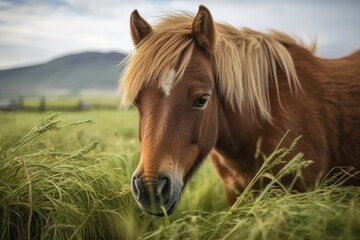 Fototapeta premium Icelandic Horse in a Field Eating Grass. Generative AI