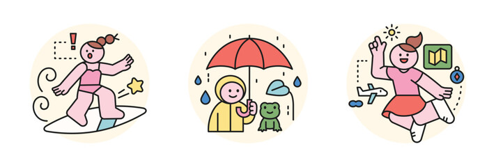 People enjoying summer. A girl surfing, a boy and a frog with an umbrella in the rainy season, and a girl jumping excitedly on an overseas trip.