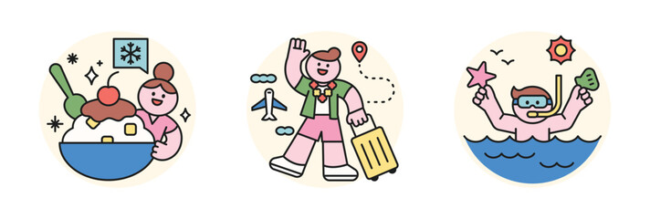 People enjoying summer. Summer dessert patbingsu, travel abroad for summer vacation, swimming in the sea. © MINIWIDE