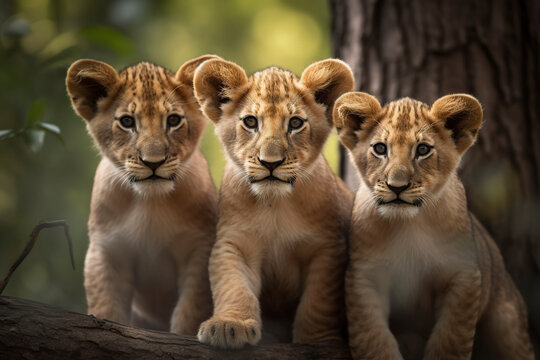 Three cute lion cubs. Generative AI.