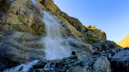 nice mountain ridge high land fast waterfall at summertime day - photo of nature