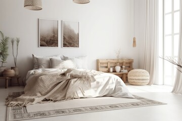 White bedroom wall. Scandi boho interior mockup. Free copy space for your image, text, or design. Bed, pampas. Generative AI