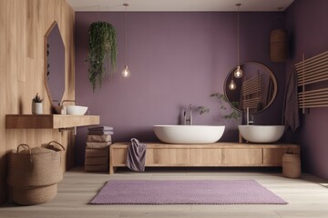 Naklejka na ściany i meble White and purple Japanese minimalist bathroom. Bathtub and washbasin. Farmhouse decor,. Generative AI