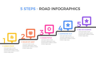 Road infographics template with five elements with place for your icons and text