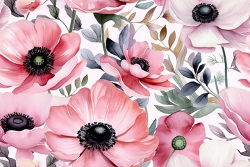 Watercolor anemone pattern on pink backdrop. Hand drawn on white. Birthday cards, postcards, children's room, design template. Generative AI