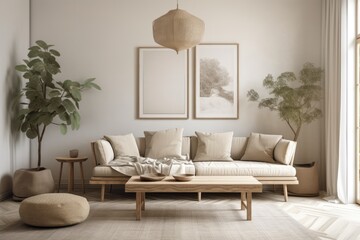 Scandinavian inspired home design. Mock up frame beige plaster wall. Simple couch with wood table and décor. Top notch. Generative AI