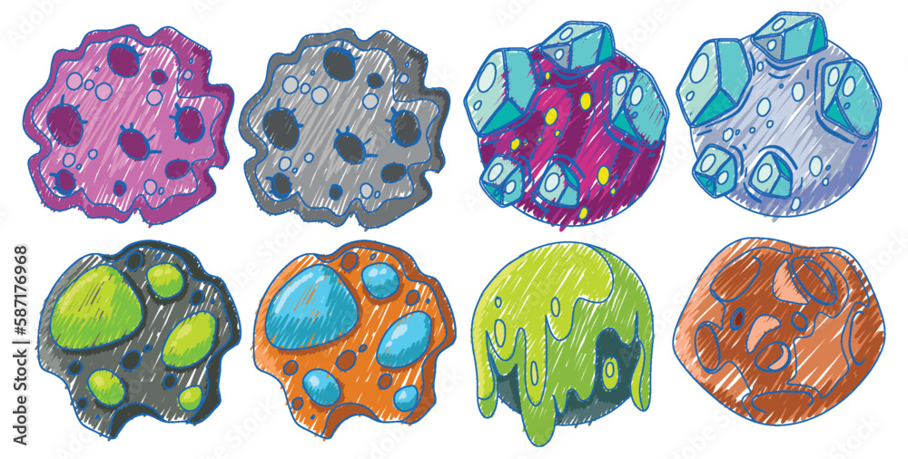 Wall mural space objects in pencil colour sketch simple style