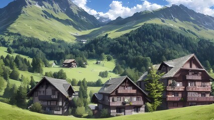 Fototapeta na wymiar idyllic_landscape_in_the_alps_with_mountain_chalet_and_green_mead