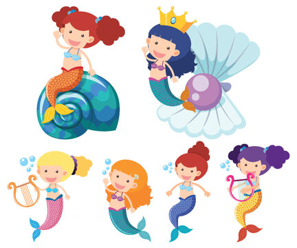 Set of cute mermaid cartoon character simple style