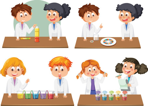 Students with colour science experiments
