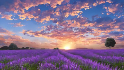 Obraz na płótnie Canvas stunning_lavender_field_landscape_summer_sunset_with_single_t