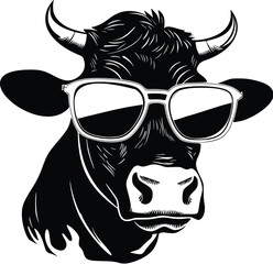 Cow With Sunglasses Logo Monochrome Design Style
