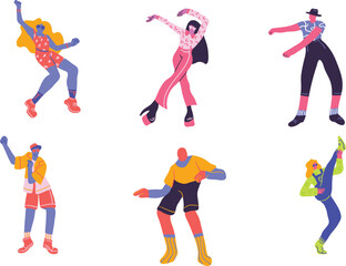 Set of skaters in different poses. Skating, skating, acrobatics. Vector illustration in flat style