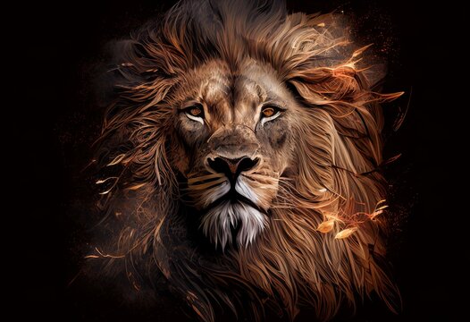 lion head digital painting illustration. AI generative.