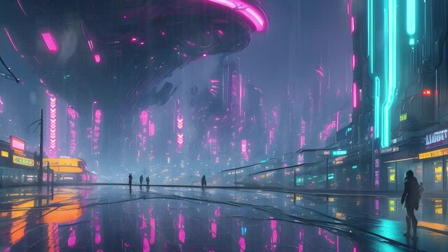 night city, street, after the rain, cyberpunk style, background for music, 4k